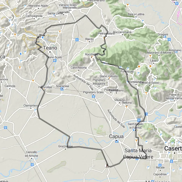 Miniatura della mappa di ispirazione al ciclismo "Giro in bici da Curti a Santa Maria Capua Vetere" nella regione di Campania, Italy. Generata da Tarmacs.app, pianificatore di rotte ciclistiche