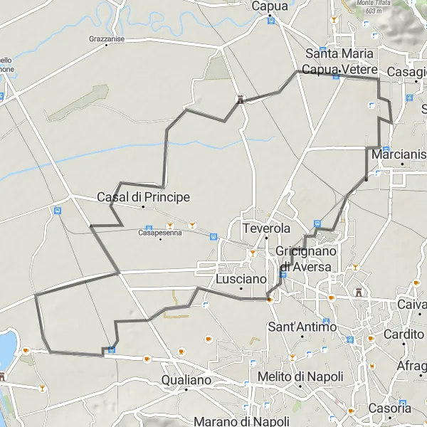 Miniatura della mappa di ispirazione al ciclismo "Avventura in bicicletta da Curti a Macerata Campania" nella regione di Campania, Italy. Generata da Tarmacs.app, pianificatore di rotte ciclistiche