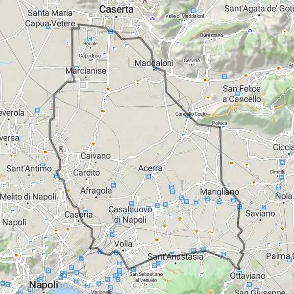 Miniatura della mappa di ispirazione al ciclismo "Giro in bici da Curti fino a Sant'Anastasia" nella regione di Campania, Italy. Generata da Tarmacs.app, pianificatore di rotte ciclistiche