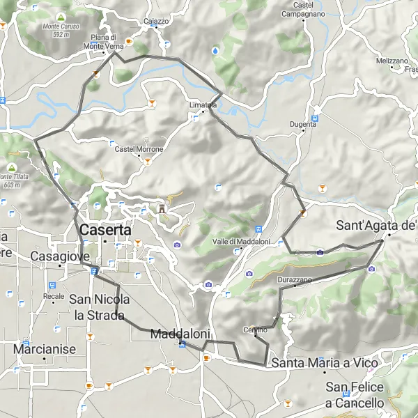 Miniatura della mappa di ispirazione al ciclismo "Monte Longano - Maddaloni - San Leucio-complex - Limatola - Sant'Agata de' Goti - Durazzano" nella regione di Campania, Italy. Generata da Tarmacs.app, pianificatore di rotte ciclistiche