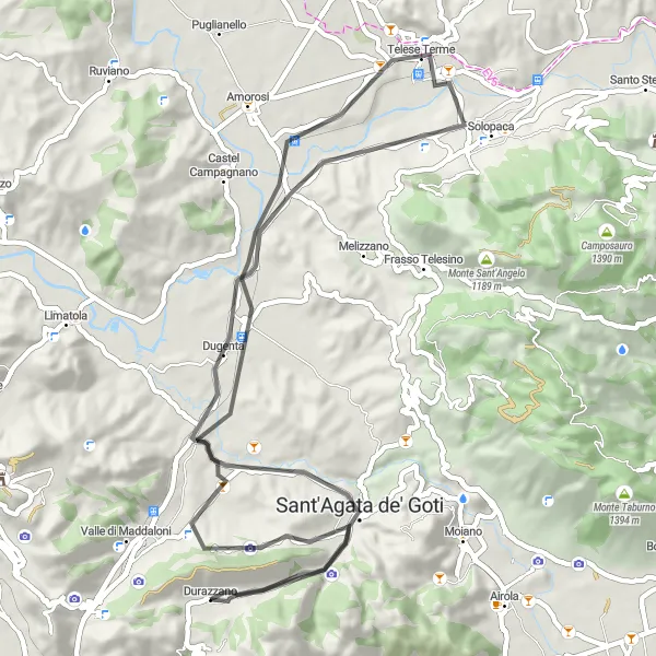 Miniatura della mappa di ispirazione al ciclismo "Giro in bicicletta da Durazzano a Sant'Agata de' Goti e Dugenta" nella regione di Campania, Italy. Generata da Tarmacs.app, pianificatore di rotte ciclistiche