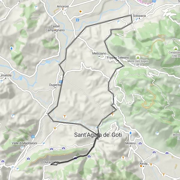 Miniatura della mappa di ispirazione al ciclismo "Durazzano - Dugenta - Collina Ariella - Torrino 28" nella regione di Campania, Italy. Generata da Tarmacs.app, pianificatore di rotte ciclistiche