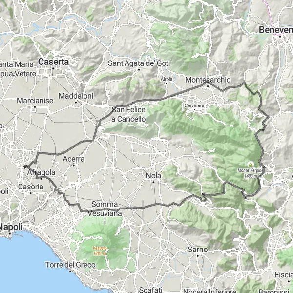 Miniatura della mappa di ispirazione al ciclismo "Sfida delle Cime Campane" nella regione di Campania, Italy. Generata da Tarmacs.app, pianificatore di rotte ciclistiche