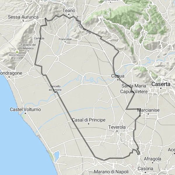 Miniatura della mappa di ispirazione al ciclismo "Giro in bicicletta Frattamaggiore - Capua" nella regione di Campania, Italy. Generata da Tarmacs.app, pianificatore di rotte ciclistiche