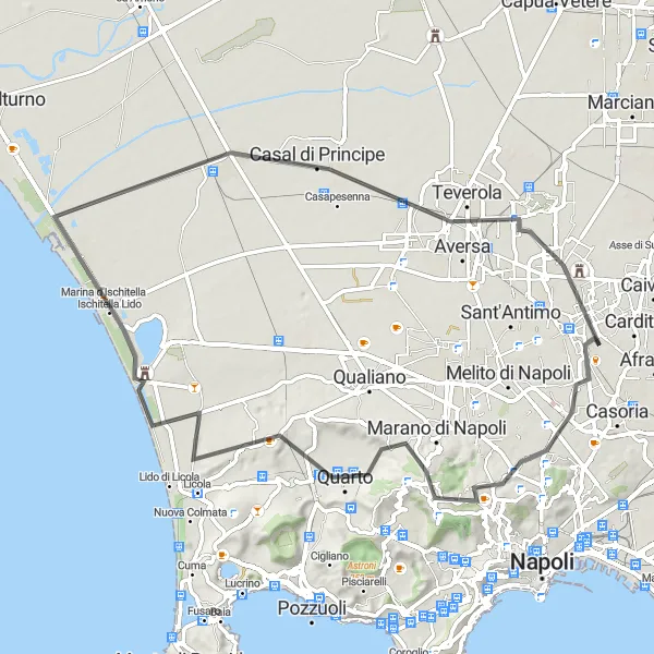 Miniatura della mappa di ispirazione al ciclismo "Giro dei Laghi e delle Oasi Naturali" nella regione di Campania, Italy. Generata da Tarmacs.app, pianificatore di rotte ciclistiche