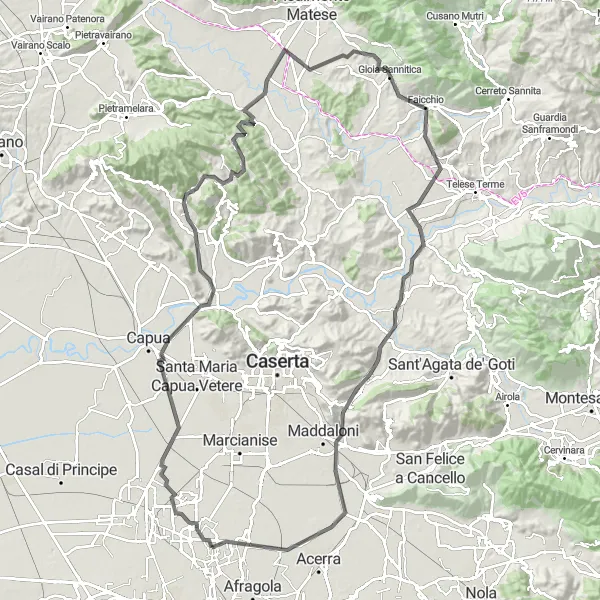 Map miniature of "Mountains and Valleys Adventure" cycling inspiration in Campania, Italy. Generated by Tarmacs.app cycling route planner