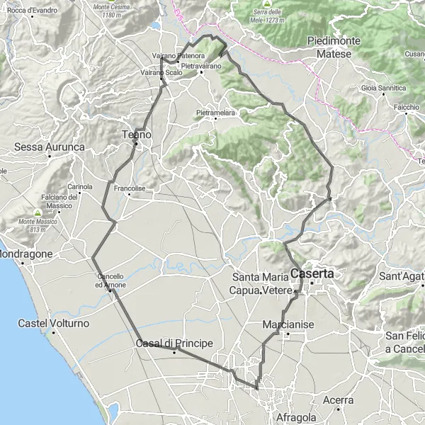 Map miniature of "Discovering the Terra di Lavoro" cycling inspiration in Campania, Italy. Generated by Tarmacs.app cycling route planner