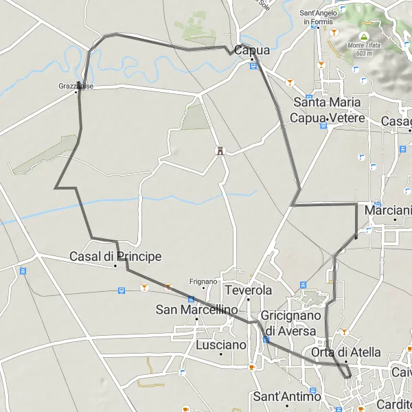 Miniatura della mappa di ispirazione al ciclismo "Giro in bicicletta da Frattaminore" nella regione di Campania, Italy. Generata da Tarmacs.app, pianificatore di rotte ciclistiche