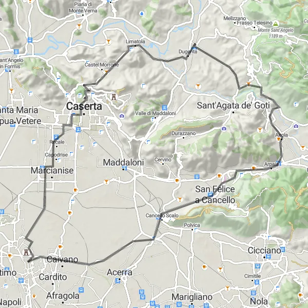 Miniatura della mappa di ispirazione al ciclismo "Tour in bicicletta da Frattaminore a Caserta passando per Monte Montagnanello e Airola" nella regione di Campania, Italy. Generata da Tarmacs.app, pianificatore di rotte ciclistiche