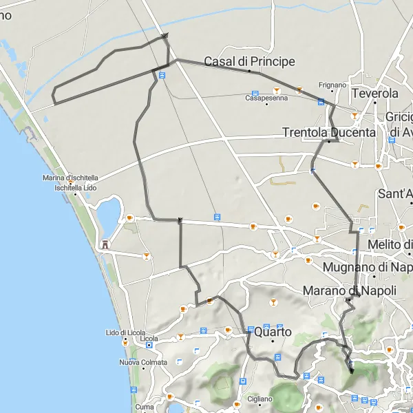 Miniatura della mappa di ispirazione al ciclismo "Giro Turistico in Bici da Fuorigrotta a San Marcellino e Calvizzano" nella regione di Campania, Italy. Generata da Tarmacs.app, pianificatore di rotte ciclistiche