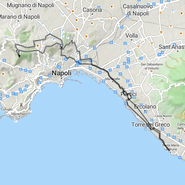Miniatura della mappa di ispirazione al ciclismo "Giro in bici di 61 km tra Fuorigrotta e Torre del Greco" nella regione di Campania, Italy. Generata da Tarmacs.app, pianificatore di rotte ciclistiche