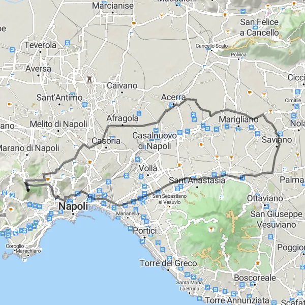 Miniatura della mappa di ispirazione al ciclismo "Giro in Bici da Fuorigrotta a Miano e Cercola" nella regione di Campania, Italy. Generata da Tarmacs.app, pianificatore di rotte ciclistiche