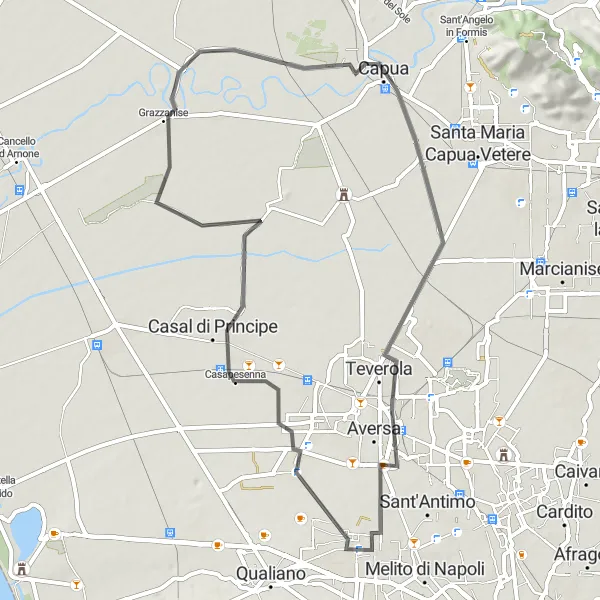 Miniatura della mappa di ispirazione al ciclismo "Escursione tra Paesaggi Rurali" nella regione di Campania, Italy. Generata da Tarmacs.app, pianificatore di rotte ciclistiche