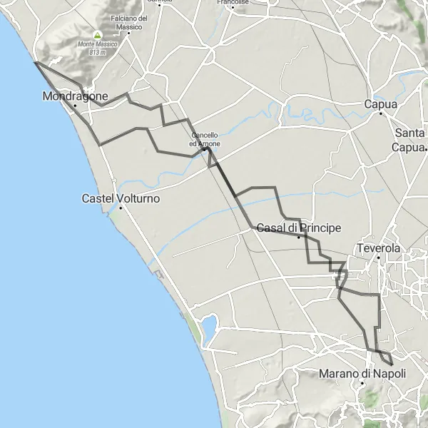 Map miniature of "Giugliano - Mugnano di Napoli - Casal di Principe - Mondragone - Monte Petrino - Cancello ed Arnone - San Cipriano d'Aversa - Giugliano" cycling inspiration in Campania, Italy. Generated by Tarmacs.app cycling route planner