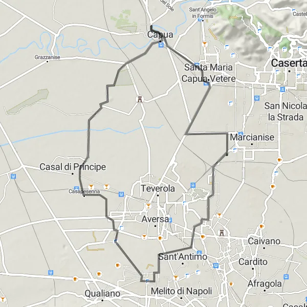 Miniatura della mappa di ispirazione al ciclismo "Tour delle Antiche Città" nella regione di Campania, Italy. Generata da Tarmacs.app, pianificatore di rotte ciclistiche