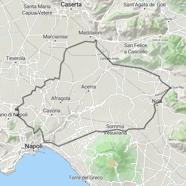 Map miniature of "Giugliano - Frattamaggiore - Castello del Matinale - Nola - Somma Vesuviana - Belvedere - Stella" cycling inspiration in Campania, Italy. Generated by Tarmacs.app cycling route planner