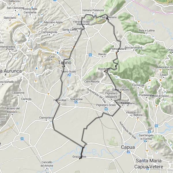 Map miniature of "Grazzanise to Pastorano" cycling inspiration in Campania, Italy. Generated by Tarmacs.app cycling route planner