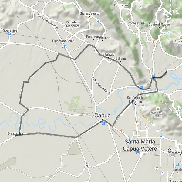 Map miniature of "Grazzanise to Santa Maria la Fossa" cycling inspiration in Campania, Italy. Generated by Tarmacs.app cycling route planner