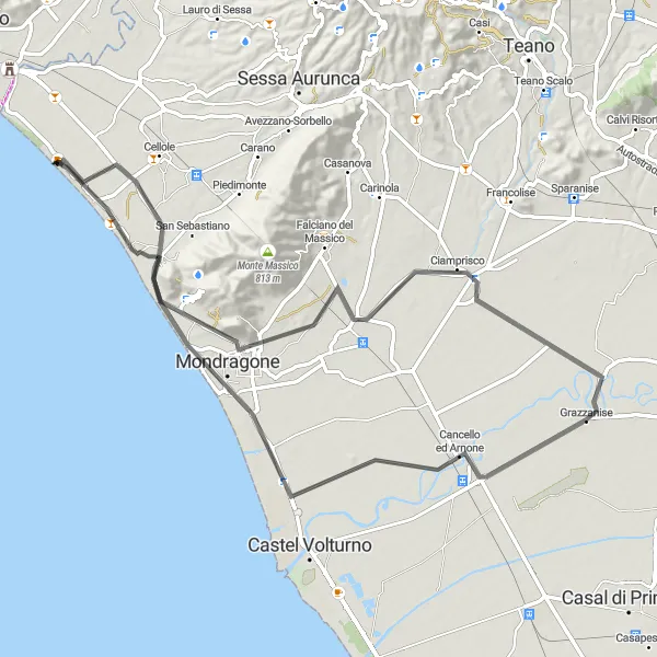 Map miniature of "The Coastal Road Adventure" cycling inspiration in Campania, Italy. Generated by Tarmacs.app cycling route planner