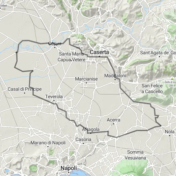 Miniatura della mappa di ispirazione al ciclismo "Tour ciclistico tra Capua e Aversa" nella regione di Campania, Italy. Generata da Tarmacs.app, pianificatore di rotte ciclistiche