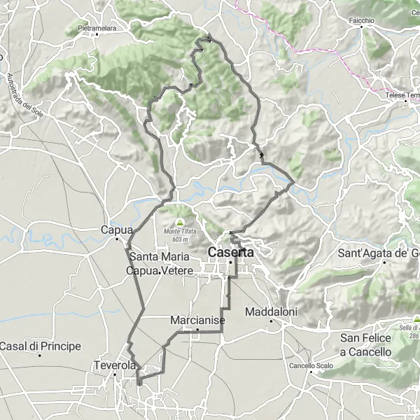 Miniatura della mappa di ispirazione al ciclismo "Giro in bici da Gricignano di Aversa" nella regione di Campania, Italy. Generata da Tarmacs.app, pianificatore di rotte ciclistiche