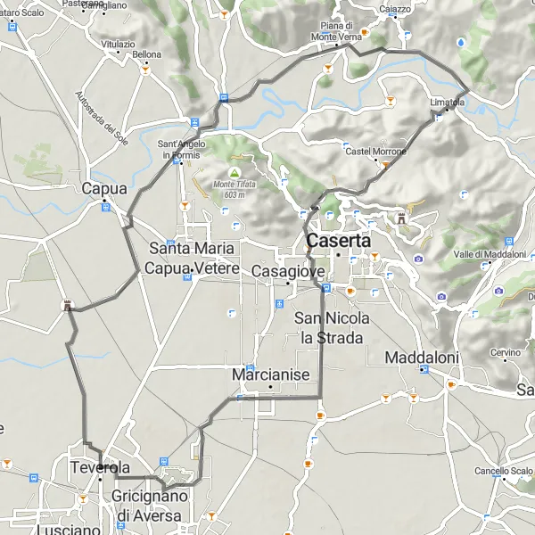 Miniatura della mappa di ispirazione al ciclismo "Ciclostrada alla Reggia di Carditello" nella regione di Campania, Italy. Generata da Tarmacs.app, pianificatore di rotte ciclistiche
