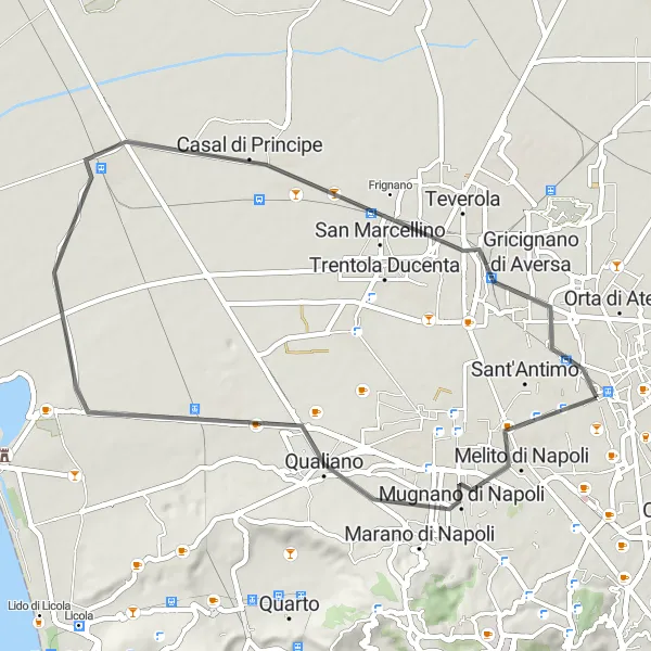 Miniatura della mappa di ispirazione al ciclismo "Giro in bicicletta da Grumo Nevano a Marano di Napoli, Villa Literno, San Cipriano d'Aversa, Cesa" nella regione di Campania, Italy. Generata da Tarmacs.app, pianificatore di rotte ciclistiche