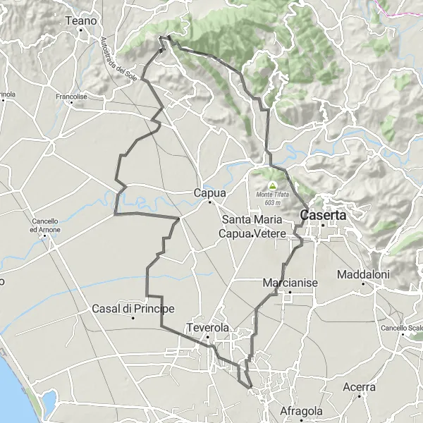 Miniatura della mappa di ispirazione al ciclismo "Percorso ciclistico da Grumo Nevano ad Aversa, Grazzanise, Calvi Risorta, Monte La Costa, monte Pettine, Pontelatone, Monte San Leucio, Marcianise, Sant'Arpino" nella regione di Campania, Italy. Generata da Tarmacs.app, pianificatore di rotte ciclistiche