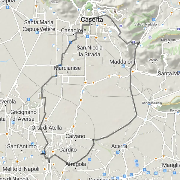 Miniatura della mappa di ispirazione al ciclismo "Tour in bicicletta tra Frattamaggiore e Grumo Nevano" nella regione di Campania, Italy. Generata da Tarmacs.app, pianificatore di rotte ciclistiche