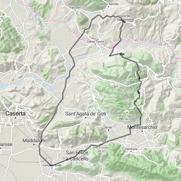 Map miniature of "Scenic Solopaca Road Cycling Route" cycling inspiration in Campania, Italy. Generated by Tarmacs.app cycling route planner