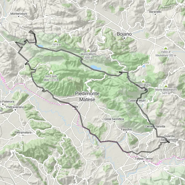 Map miniature of "Undulating Campania Road Cycling Route" cycling inspiration in Campania, Italy. Generated by Tarmacs.app cycling route planner