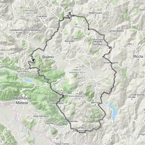 Map miniature of "The Mountain Challenge" cycling inspiration in Campania, Italy. Generated by Tarmacs.app cycling route planner