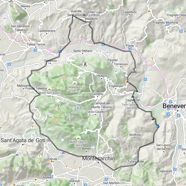 Map miniature of "The Hidden Gems" cycling inspiration in Campania, Italy. Generated by Tarmacs.app cycling route planner
