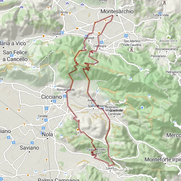 Miniatura della mappa di ispirazione al ciclismo "Esplora montagne e paesaggi sulla via sterrata vicino a Lauro" nella regione di Campania, Italy. Generata da Tarmacs.app, pianificatore di rotte ciclistiche