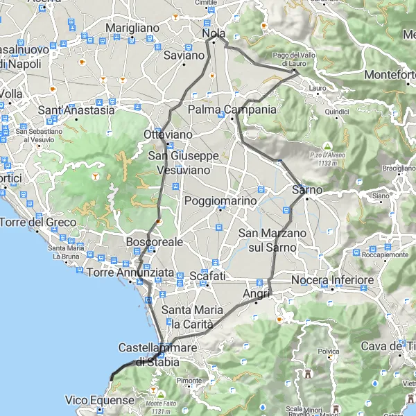 Miniatura della mappa di ispirazione al ciclismo "Magiche panoramiche e tappe storiche nella bici-tra Lauro e Nola" nella regione di Campania, Italy. Generata da Tarmacs.app, pianificatore di rotte ciclistiche