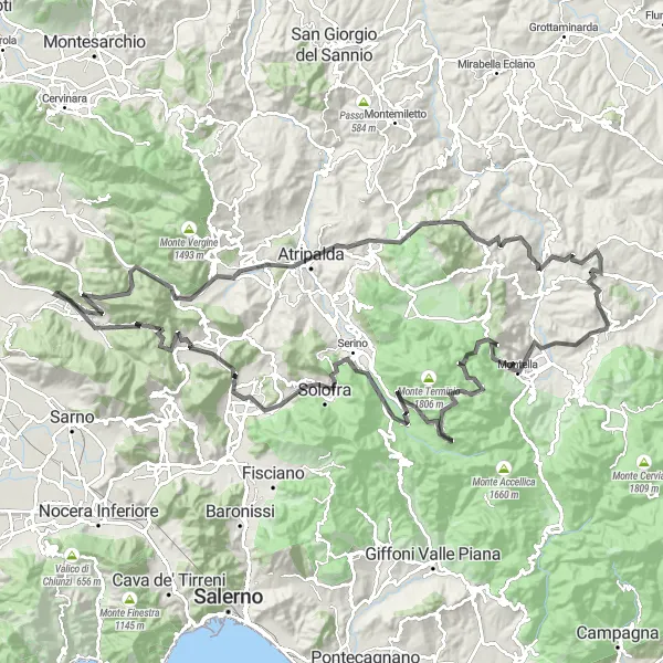 Miniatura della mappa di ispirazione al ciclismo "Tour in bicicletta epico tra Lauro e Montella" nella regione di Campania, Italy. Generata da Tarmacs.app, pianificatore di rotte ciclistiche