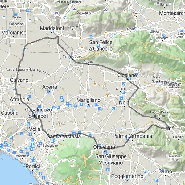 Miniatura della mappa di ispirazione al ciclismo "Tour in bicicletta da Lauro a Cardito" nella regione di Campania, Italy. Generata da Tarmacs.app, pianificatore di rotte ciclistiche