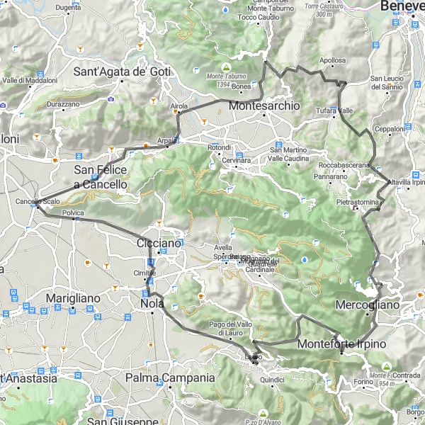 Miniatura della mappa di ispirazione al ciclismo "Giro in bicicletta da Lauro a Nola" nella regione di Campania, Italy. Generata da Tarmacs.app, pianificatore di rotte ciclistiche