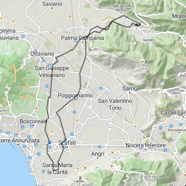 Miniatura della mappa di ispirazione al ciclismo "Attraversa Pompei e Poggiomarino su due ruote partendo da Lauro" nella regione di Campania, Italy. Generata da Tarmacs.app, pianificatore di rotte ciclistiche