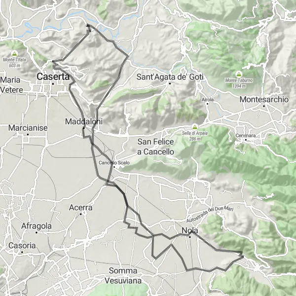 Miniatura della mappa di ispirazione al ciclismo "Avventura su due ruote da Lauro a Maddaloni" nella regione di Campania, Italy. Generata da Tarmacs.app, pianificatore di rotte ciclistiche