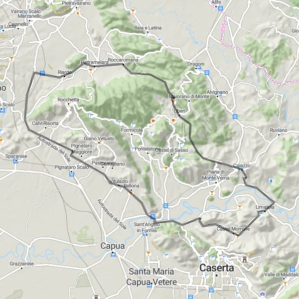 Miniatura della mappa di ispirazione al ciclismo "Avventura ciclistica attraverso Castel Morrone" nella regione di Campania, Italy. Generata da Tarmacs.app, pianificatore di rotte ciclistiche