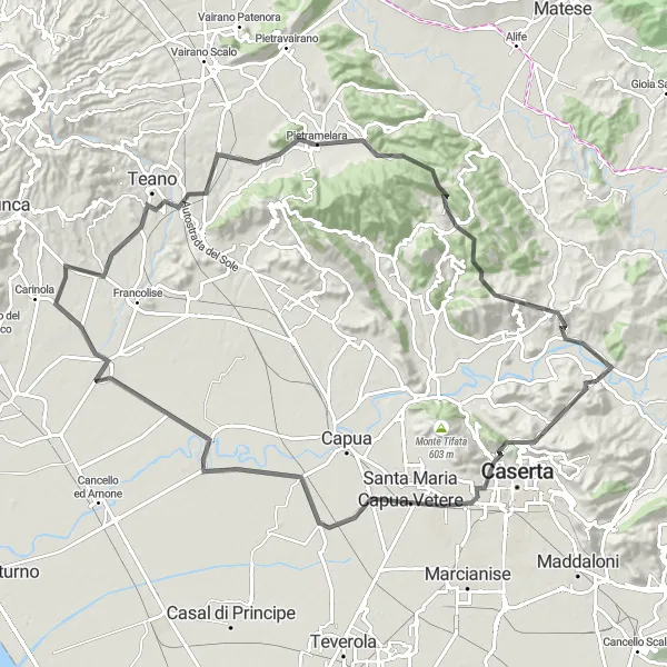 Miniatura della mappa di ispirazione al ciclismo "Giro in bicicletta attraverso Monte Montagnanello" nella regione di Campania, Italy. Generata da Tarmacs.app, pianificatore di rotte ciclistiche