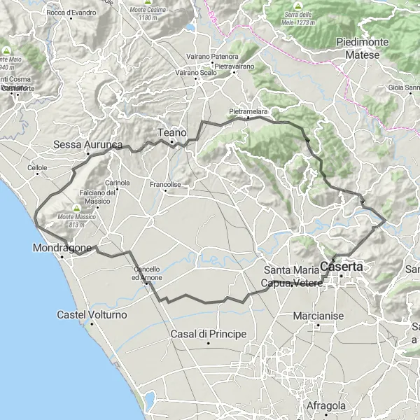 Miniatura della mappa di ispirazione al ciclismo "Tour in bicicletta tra Monte Montagnanello e Limatola" nella regione di Campania, Italy. Generata da Tarmacs.app, pianificatore di rotte ciclistiche