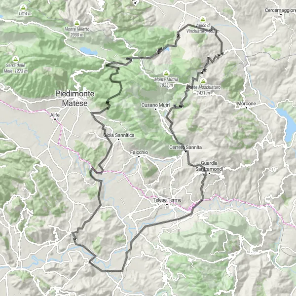 Miniatura della mappa di ispirazione al ciclismo "Giro panoramico da Limatola a Sepino" nella regione di Campania, Italy. Generata da Tarmacs.app, pianificatore di rotte ciclistiche