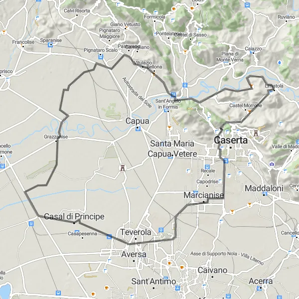 Miniatura della mappa di ispirazione al ciclismo "Giro in bicicletta da Limatola attraverso Monte Montagnanello" nella regione di Campania, Italy. Generata da Tarmacs.app, pianificatore di rotte ciclistiche