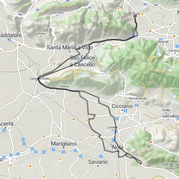 Miniatura della mappa di ispirazione al ciclismo "Percorso ciclistico tra Arienzo e Polvica" nella regione di Campania, Italy. Generata da Tarmacs.app, pianificatore di rotte ciclistiche