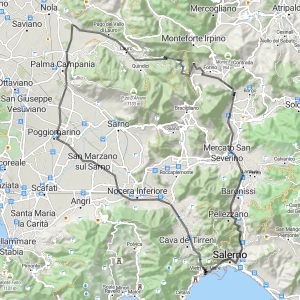 Map miniature of "The Hilltop Adventure" cycling inspiration in Campania, Italy. Generated by Tarmacs.app cycling route planner