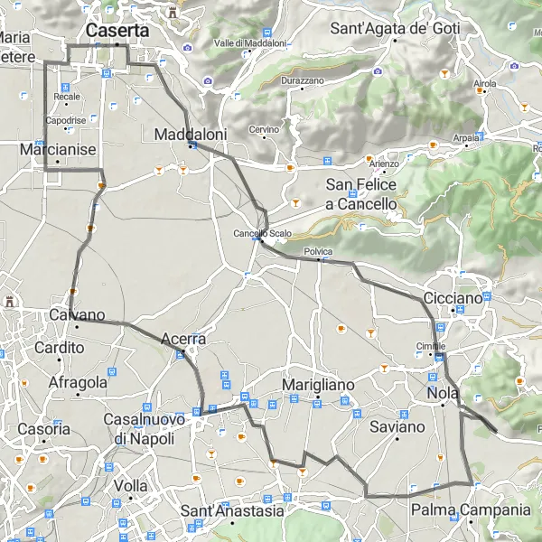 Miniatura della mappa di ispirazione al ciclismo "Esplorazione in bici da Liveri a Cimitile" nella regione di Campania, Italy. Generata da Tarmacs.app, pianificatore di rotte ciclistiche