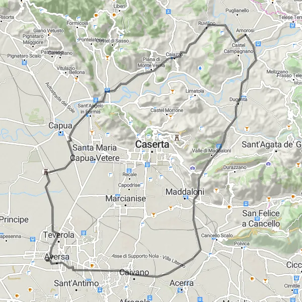Miniatura della mappa di ispirazione al ciclismo "Giro in bicicletta da Lusciano attraverso Teverola e San Tammaro" nella regione di Campania, Italy. Generata da Tarmacs.app, pianificatore di rotte ciclistiche