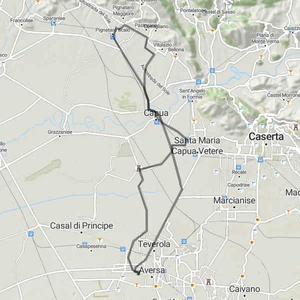 Miniatura della mappa di ispirazione al ciclismo "Giro in bicicletta da Lusciano attraverso Teverola e Capua" nella regione di Campania, Italy. Generata da Tarmacs.app, pianificatore di rotte ciclistiche